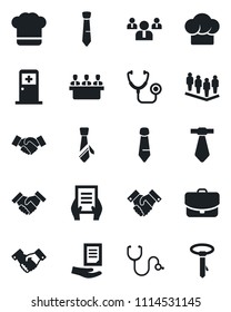 Set of vector isolated black icon - medical room vector, handshake, team, tie, document, stethoscope, meeting, cook hat, case