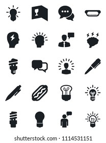 Set of vector isolated black icon - speaking man vector, pen, brainstorm, bulb, dialog, wine card, hot dog, energy saving, shining head, idea