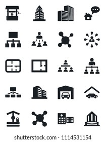 Set of vector isolated black icon - hierarchy vector, well, molecule, hospital, office building, garage, plan, home message