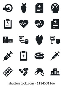 Set of vector isolated black icon - heart pulse vector, diagnosis, syringe, blood pressure, pills, blister, tomography, real, clipboard, hospital