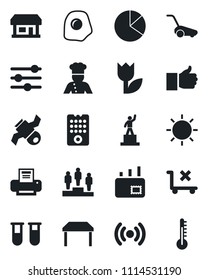 Set Of Vector Isolated Black Icon - Pedestal Vector, Lawn Mower, Sun, Blood Test Vial, Store, Satellite, No Trolley, Tulip, Finger Up, Tuning, Pie Graph, Printer, Mail, Table, Cook, Omelette