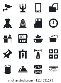 Set of vector isolated black icon - antenna vector, security gate, reception bell, drawing pin, clock, folder document, oil barrel, mobile, stopwatch, sd, application, office building, manager desk