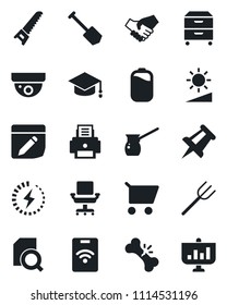Set of vector isolated black icon - graduate vector, drawing pin, job, farm fork, saw, broken bone, notes, brightness, battery, charge, document search, office chair, printer, archive box, pass card