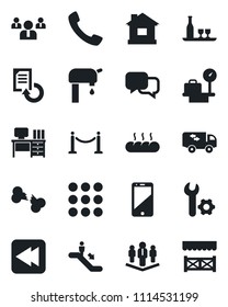 Set of vector isolated black icon - fence vector, escalator, luggage scales, team, desk, document reload, house, broken bone, cell phone, dialog, rewind, call, menu, root setup, company, moving