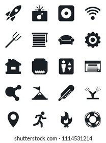 Set of vector isolated black icon - elevator vector, waiting area, bomb in case, gear, farm fork, fire, thermometer, run, pin, share, rec button, hdmi, house, wireless, irrigation, jalousie, rocket