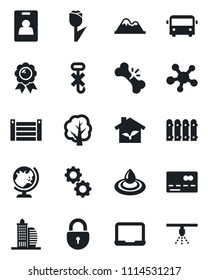 Set of vector isolated black icon - airport bus vector, credit card, globe, lock, medal, notebook pc, tree, broken bone, container, no hook, tulip, share, identity, mountains, fence, office building