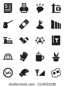 Set of vector isolated black icon - hot cup vector, no smoking, airport building, handshake, brainstorm, printer, seedling, glove, greenhouse, patch, receipt, sorting, cellular signal,