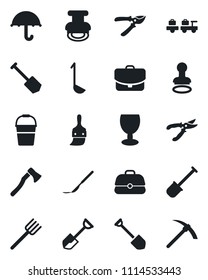 Set of vector isolated black icon - stamp vector, baggage larry, job, shovel, farm fork, bucket, pruner, axe, scalpel, fragile, umbrella, themes, ladle, case, hard work