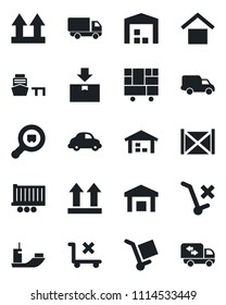 Set of vector isolated black icon - sea shipping vector, truck trailer, car delivery, port, container, consolidated cargo, warehouse storage, up side sign, no trolley, package, search, moving