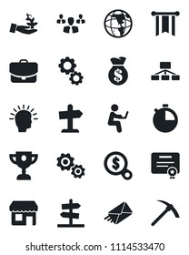 Set of vector isolated black icon - stopwatch vector, group, gear, palm sproute, shining head, money bag, pennon, earth, search, case, hierarchy, certificate, mail, award cup, man with notebook