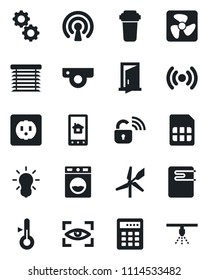 Set of vector isolated black icon - sim vector, socket, fan, wireless lock, water heater, web camera, home control app, gear, filter, washer, thermometer, bulb, jalousie, eye scan, door, combination