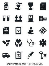 Set of vector isolated black icon - medical room vector, diagnosis, stethoscope, blood test vial, dropper, pills, bottle, blister, ambulance star, car, heart hand, pulse clipboard, hospital, client