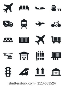 Set of vector isolated black icon - plane vector, taxi, train, waiting area, ladder car, helicopter, seat map, bike, traffic light, truck trailer, cargo container, sea port, up side sign, moving