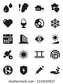 Set of vector isolated black icon - sun vector, office building, circle chart, heart, syringe, satellite, film frame, network, protect, calendar, brightness, eye id, fingerprint, house with garage