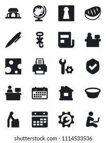 Set of vector isolated black icon - female vector, baby room, globe, pen, manager place, house, term, no hook, shield, calendar, root setup, news, printer, cafe building, steak, bowl, cheese