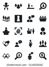 Set of vector isolated black icon - passport control vector, escalator, female, baby, reception, speaking man, pedestal, team, meeting, pregnancy, speaker, group, hr, client search, estate agent
