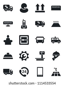 Set of vector isolated black icon - airport bus vector, reception, ambulance car, office phone, 24 hours, support, delivery, up side sign, heavy scales, mobile, scanner, root setup, moving, reserved