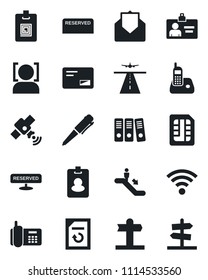 Set of vector isolated black icon - runway vector, escalator, identity card, pen, document reload, signpost, office phone, satellite, radio, mail, sim, wireless, face id, paper binder, reserved