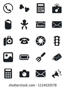 Set of vector isolated black icon - bomb in case vector, baby, camera, mail, garden fork, broken bone, traffic light, mobile, gallery, battery, calculator, rooms, phone, advertising