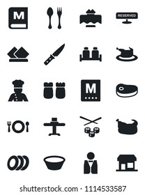 Set of vector isolated black icon - spoon and fork vector, waiter, cook, restaurant table, cafe, menu, reserved, plates, salt pepper, chicken, steak, bowl, knife, sushi, serviette, storefront