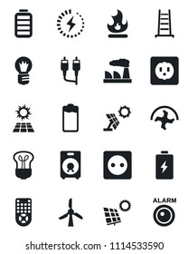 Set of vector isolated black icon - bulb vector, factory, ripper, ladder, fire, remote control, speaker, battery, rca, charge, sun panel, socket, windmill, alarm led