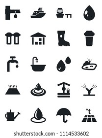 Set of vector isolated black icon - watering can vector, boot, water drop, well, drip irrigation, sea shipping, port, umbrella, warehouse, pond, supply, bathroom, filter, warm floor