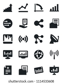 Set of vector isolated black icon - antenna vector, satellite, growth statistic, crisis graph, document, monitor, diagnosis, folder, barcode, scanner, network, statistics, bar, point, wireless