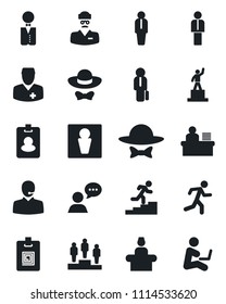 Set of vector isolated black icon - male vector, reception, manager, pedestal, run, doctor, speaker, identity card, support, desk, career ladder, waiter, dress code, pass, man with notebook