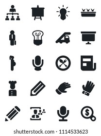 Set of vector isolated black icon - spoon and fork vector, ladder car, hierarchy, presentation board, pencil, glove, seedling, pregnancy, microphone, news, hr, manager, cook, bulb, money search