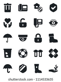 Set of vector isolated black icon - trash bin vector, boot, patch, heart hand, umbrella, shield, eye id, lock, estate insurance, intercome, water filter, surveillance, crisis management