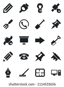 Set of vector isolated black icon - right arrow vector, presentation board, drawing pin, bulb, pencil, garden fork, shovel, rake, satellite, hdmi, ink pen, plan, phone, rolling, pc