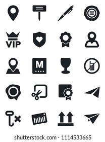 Set of vector isolated black icon - no mobile vector, vip, stamp, plant label, heart shield, navigation, pin, fragile, up side sign, hook, barcode, cut, sertificate, pen, menu, paper plane