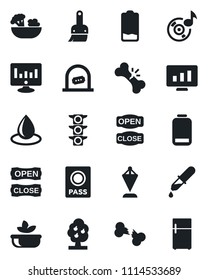 Set of vector isolated black icon - ticket office vector, passport, pennant, statistic monitor, water drop, dropper, broken bone, traffic light, low battery, themes, music, fruit tree, salad, fridge