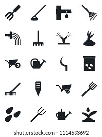 Set of vector isolated black icon - garden fork vector, farm, rake, watering can, wheelbarrow, sproute, hoe, sickle, plant label, seeds, drip irrigation