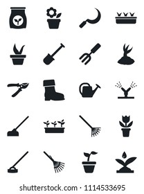 Set of vector isolated black icon - flower in pot vector, garden fork, shovel, rake, seedling, watering can, sproute, pruner, boot, hoe, sickle, fertilizer, irrigation