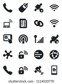 Set of vector isolated black icon - wireless notebook vector, satellite, share, chain, rca, call, sim, network, cellular signal, lock, home control app