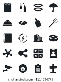 Set of vector isolated black icon - calculator vector, notepad, farm fork, pills, ampoule, eye, umbrella, share, charge, copybook, identity card, estate insurance, reception, plates, cutting board