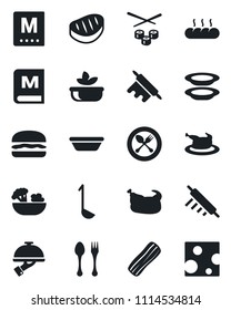 Set of vector isolated black icon - spoon and fork vector, menu, salad, plates, bacon, waiter, bread, chicken, steak, hamburger, ladle, bowl, rolling pin, sushi, cheese