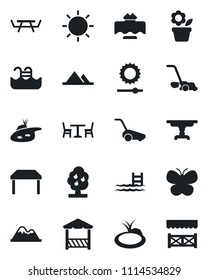 Set of vector isolated black icon - cafe vector, flower in pot, lawn mower, butterfly, sun, pond, picnic table, brightness, pool, fruit tree, mountains, restaurant, alcove