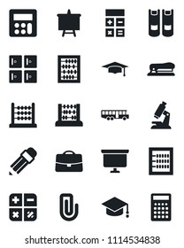 Set of vector isolated black icon - airport bus vector, checkroom, book, calculator, graduate, abacus, presentation board, microscope, case, paper clip, pencil, stapler