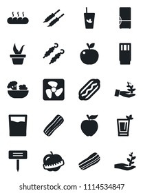 Set of vector isolated black icon - seedling vector, plant label, diet, fridge, drink, phyto bar, salad, bacon, bread, kebab, hot dog, apple fruit, fan, palm sproute