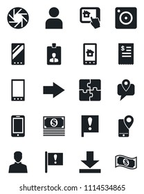 Set of vector isolated black icon - right arrow vector, mobile phone, identity card, important flag, tracking, camera, user, download, application, restaurant receipt, home control app, cash