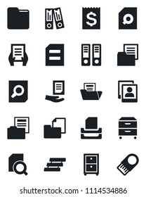 Set of vector isolated black icon - office binder vector, document search, receipt, folder, photo gallery, paper tray, archive box, usb flash