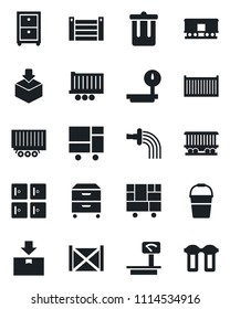 Set of vector isolated black icon - trash bin vector, checkroom, bucket, watering, railroad, truck trailer, cargo container, consolidated, package, heavy scales, archive box, water filter