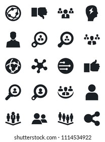 Set of vector isolated black icon - team vector, brainstorm, network, share, group, finger up, down, user, company, client search, consumer, social media