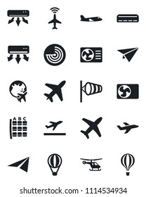 Set of vector isolated black icon - plane vector, radar, departure, wind, helicopter, seat map, globe, air conditioner, paper, balloon