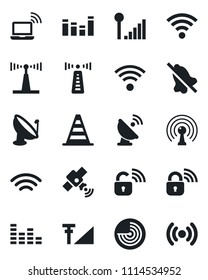 Set of vector isolated black icon - antenna vector, wireless notebook, border cone, radar, satellite, equalizer, mute, cellular signal, lock