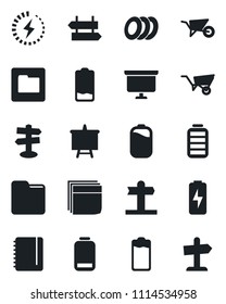 Set of vector isolated black icon - signpost vector, notepad, presentation board, wheelbarrow, battery, low, folder, charge, blank box, plates, guidepost