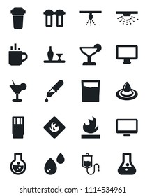 Set of vector isolated black icon - hot cup vector, dropper, flammable, monitor, alcohol, drink, cocktail, water, filter, sprinkler, flask