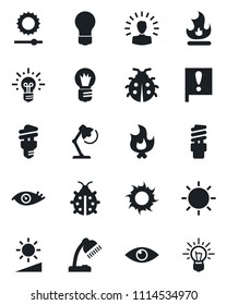 Set of vector isolated black icon - bulb vector, lady bug, fire, sun, eye, important flag, brightness, desk lamp, energy saving, shining head, idea